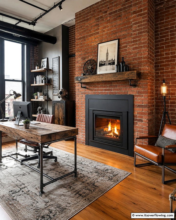 Industrial Fireplace Design - 25 Home Office With Fireplace Ideas for Cozy Workspaces