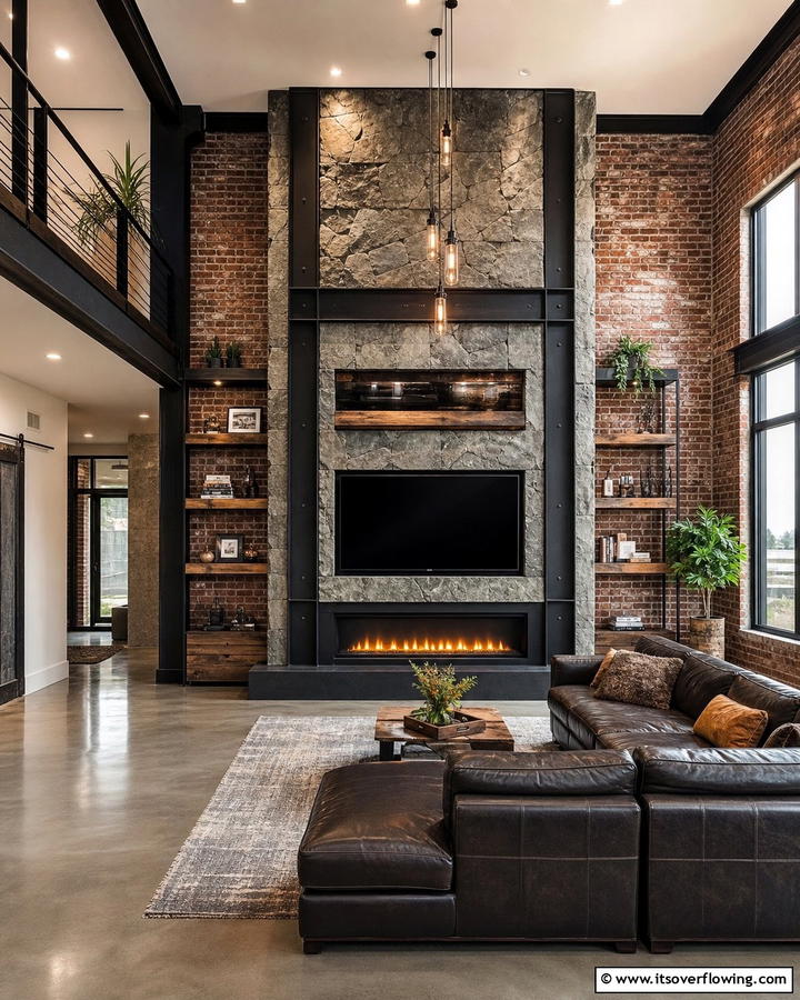 Industrial Fusion Statement - 21 Rustic Stone Fireplace Designs for Cozy Living Rooms
