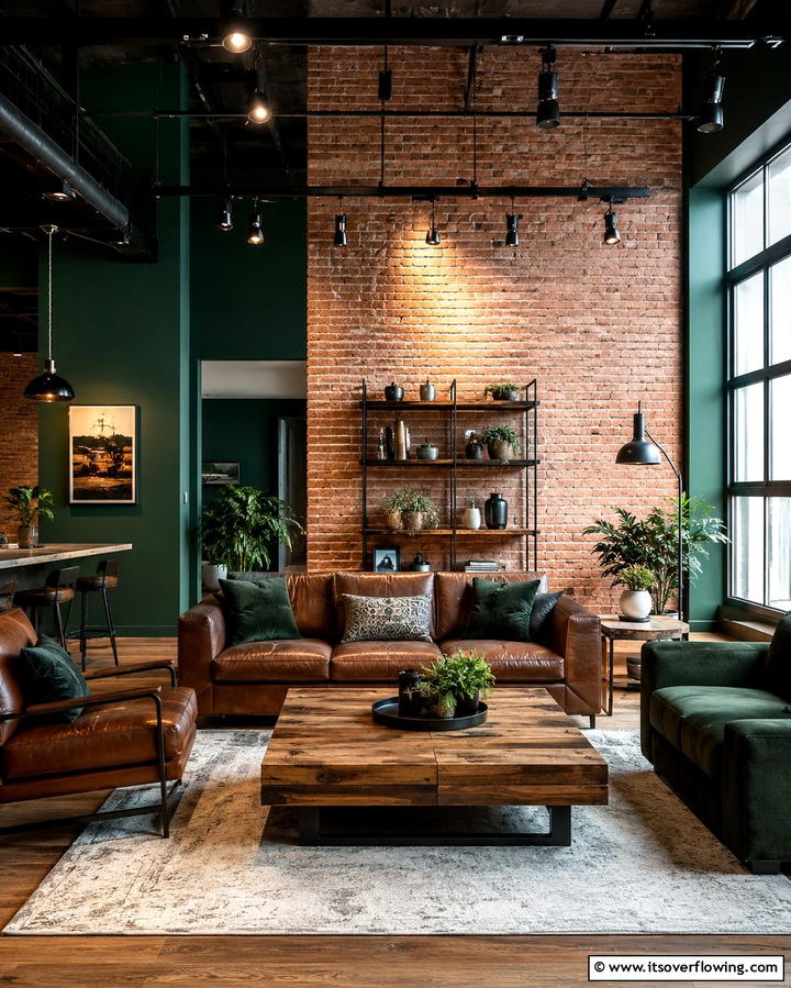 Industrial Green Fusion - 30 Forest Green Living Room Ideas for Nature-Inspired Interiors