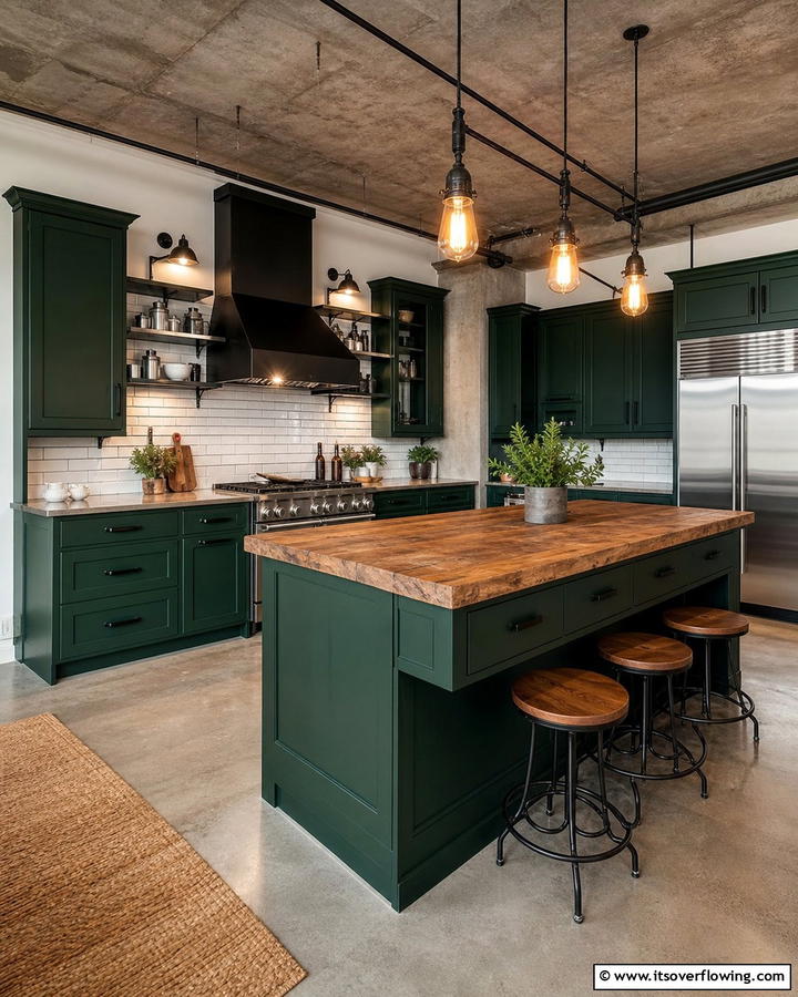 Industrial Hunter Green Cabinets - 21 Green Kitchen Cabinet Ideas for a Vibrant Culinary Space