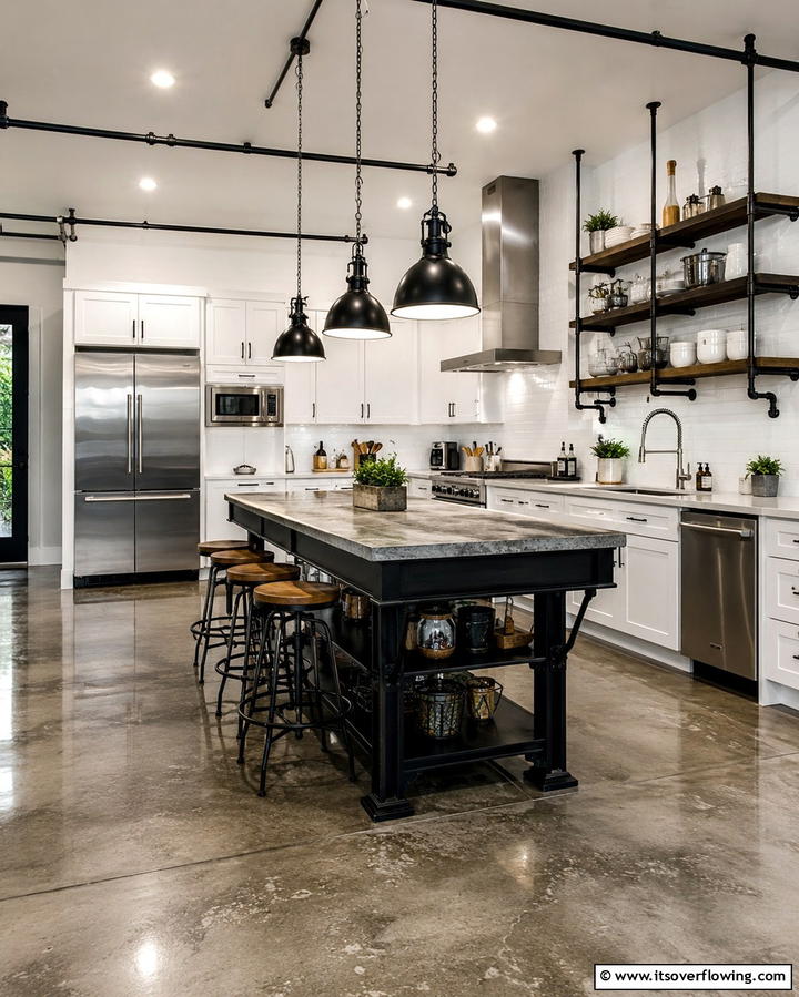 Industrial Inspired Chic - 20 White Kitchen Ideas With Black Island for Contrast