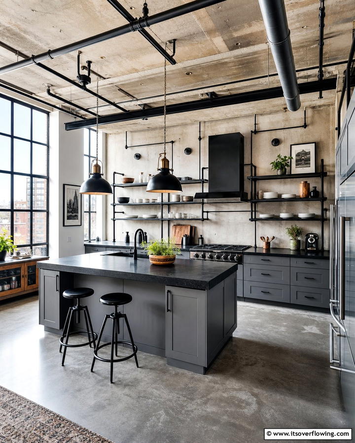 Industrial Inspired Design - 25 Kitchen Ideas with Gray Cabinets and Black Countertops