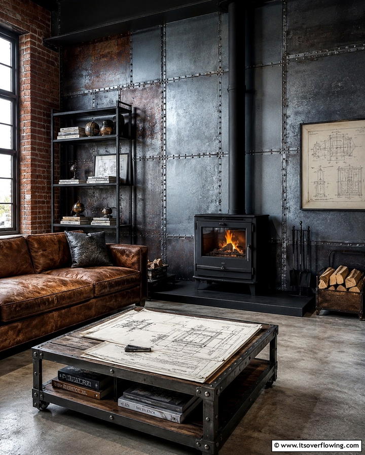 Industrial Inspired Metal Panels - 30 Cozy Wood Stove Surround Design Inspirations