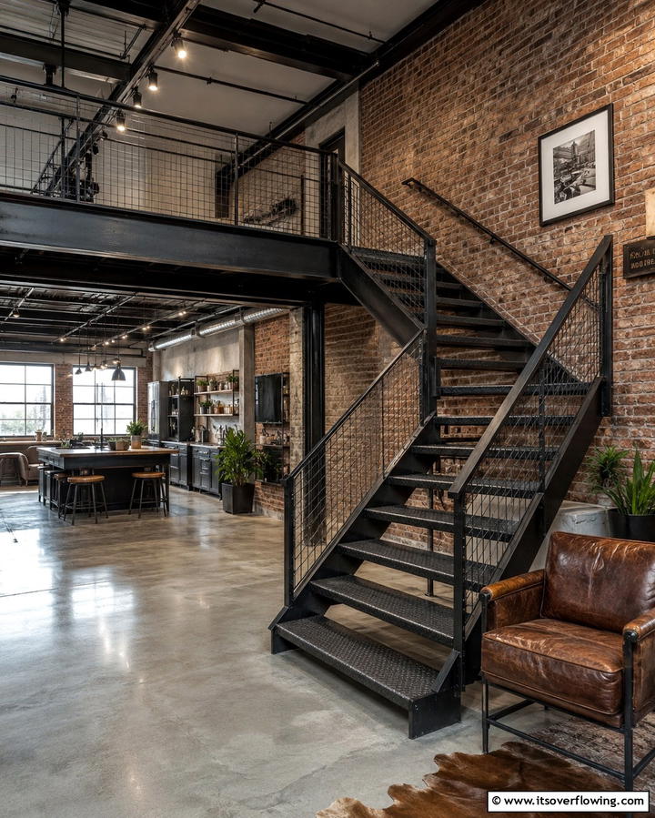 Industrial Inspired Steel Steps - 30 Open Staircase Ideas to Elevate Your Home Organization