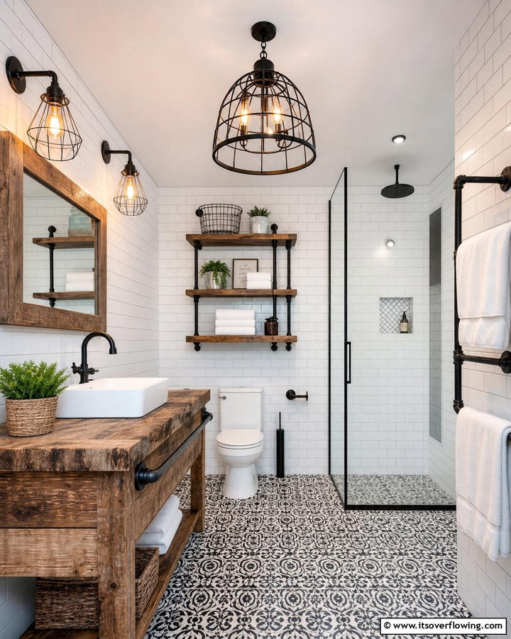 Industrial Lighting Fixtures - 21 Modern Farmhouse Bathroom Ideas Blending Rustic Charm