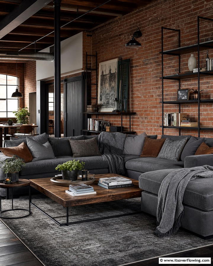 Industrial Loft Aesthetic - 30 Grey Living Room & Dark Wood Floor Design Combinations