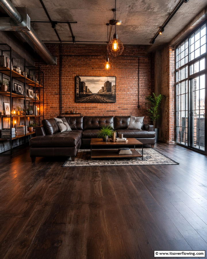 Industrial Loft Appeal - 25 Dark Brown Floor Living Room Ideas for Warmth