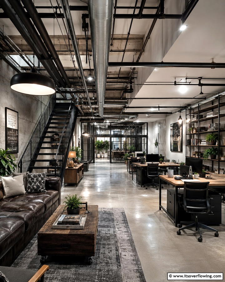Industrial Loft Office - 30 Basement Office Ideas for Productive Below-Ground Workspaces