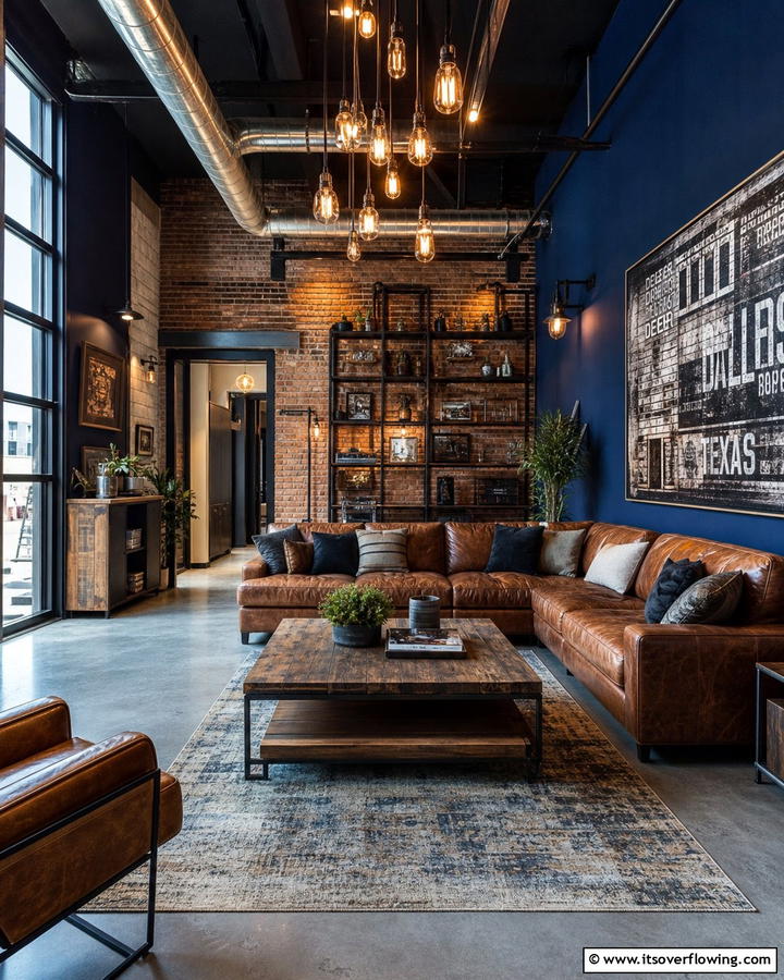 Industrial Loft Sophistication - 20 Grey Floor Living Room with Blue Walls Ideas