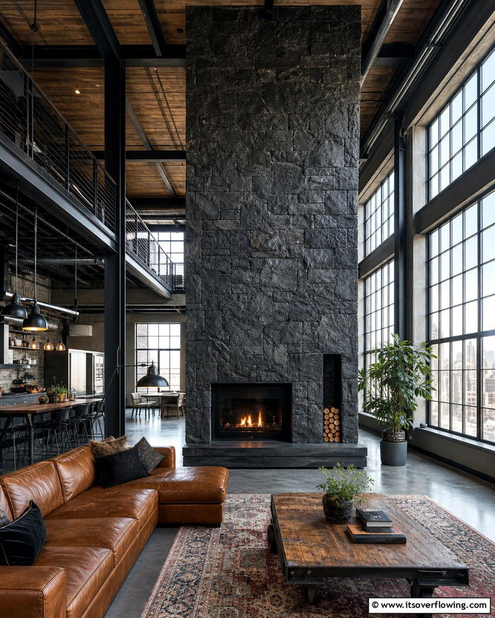Industrial Loft Statement - 25 Floor to Ceiling Stone Fireplace Ideas for Drama