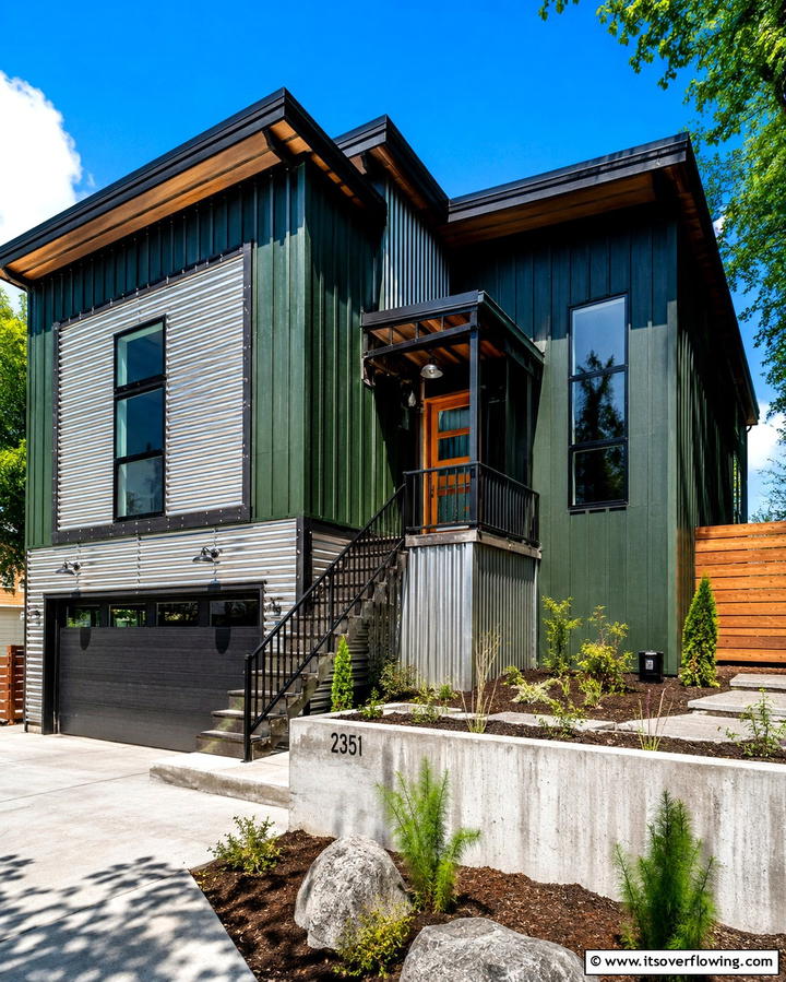 Industrial Metal Accents - 30 Stunning Dark Green Exterior House Designs for Curb Appeal