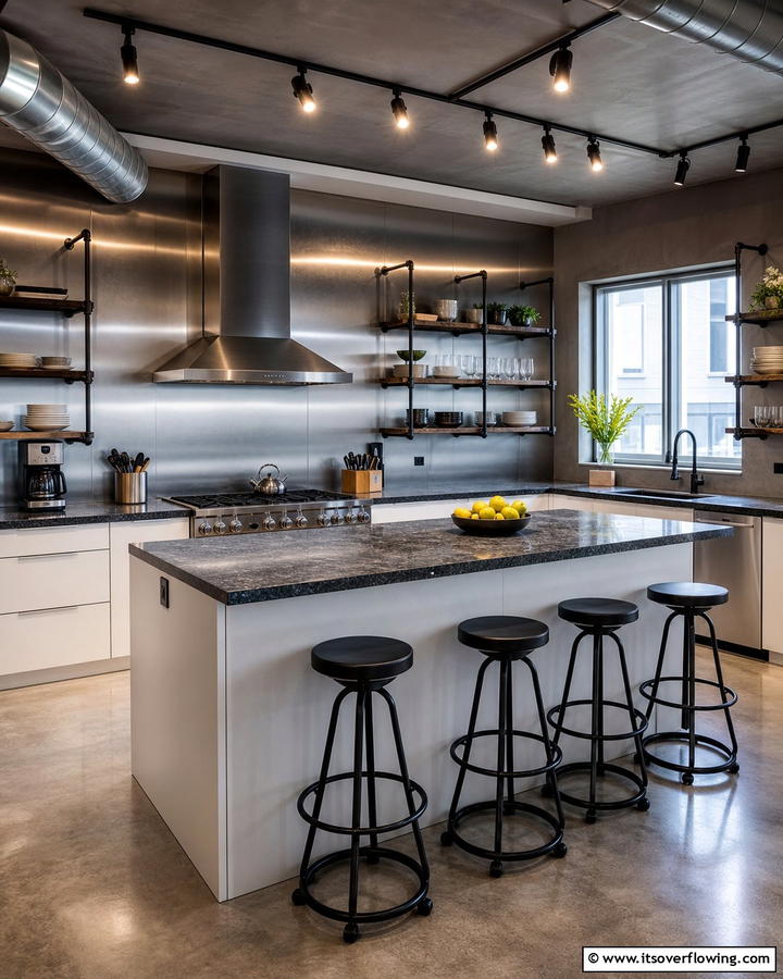 Industrial Metal Finish - 21 Backsplash Ideas for White Cabinets and Granite Counters