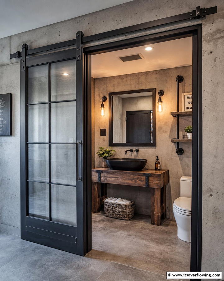 Industrial Metal Pocket Door for an Urban Edge - 20 Bathroom Pocket Door Ideas for Modern Homes