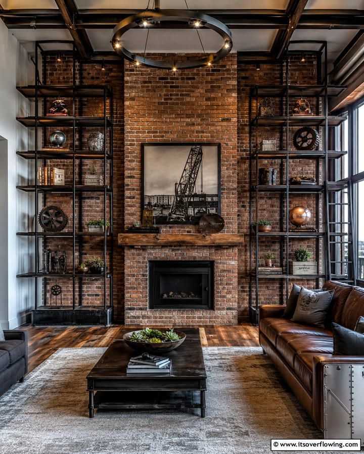 Industrial Metal Shelving - 30 Fireplace with Bookshelves Ideas for Cozy Literary Nooks