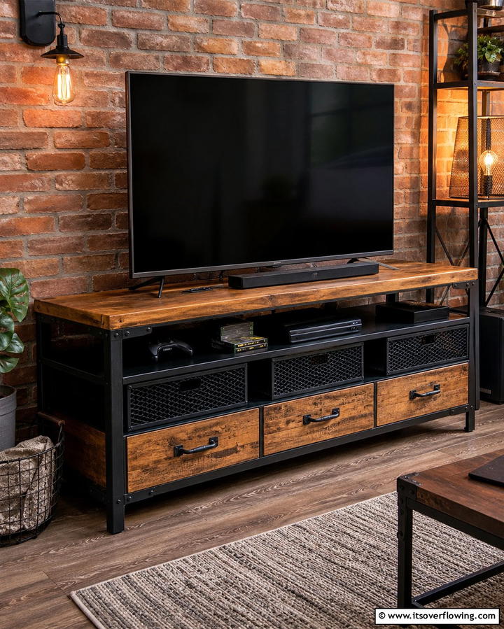 Industrial Metal and Wood TV Stand - 25 TV Stand Ideas to Complement Your Home Decor
