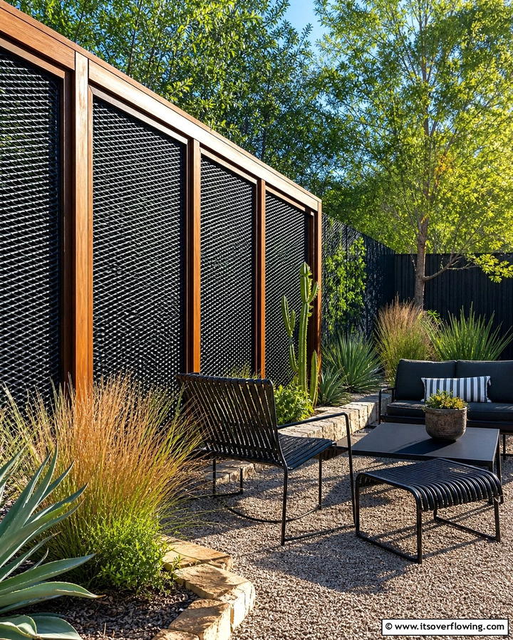 Industrial Modern with Expanded Metal Mesh and Wooden Framing - 25 Metal and Wood Fence Ideas for Durable Boundaries