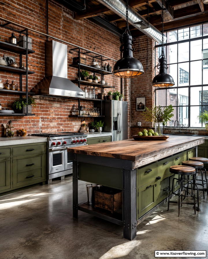 Industrial Olive Green Edge - 30 Olive Green Kitchen Designs for a Warm Cooking Space