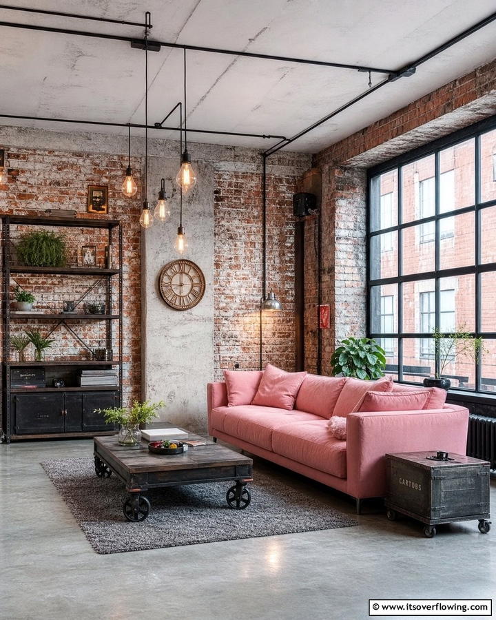 Industrial Pink with Exposed Brick - 20 Pink Couch Living Room Ideas for a Bold Statement