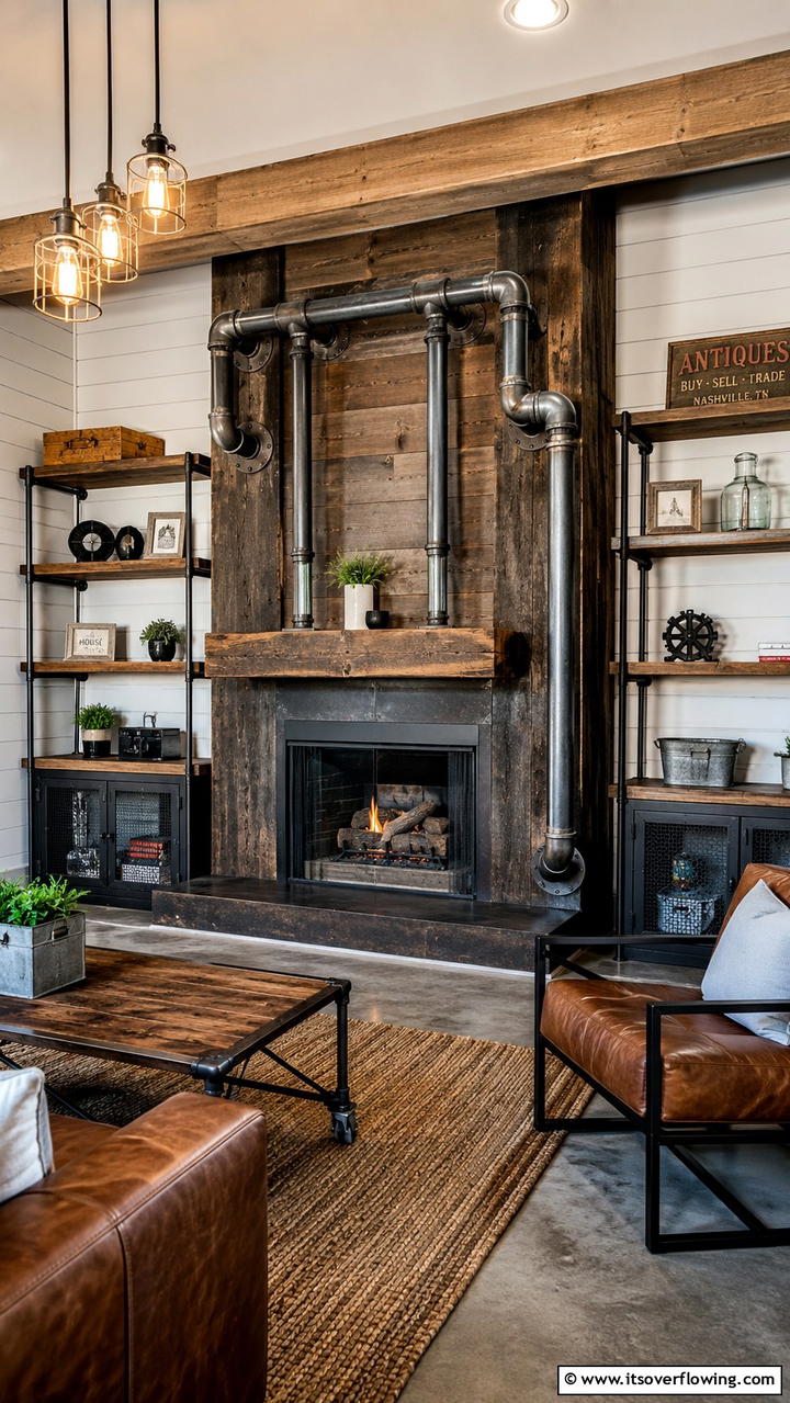 Industrial Pipe Detailing - 30 Farmhouse Fireplace Ideas for Cozy Living Spaces