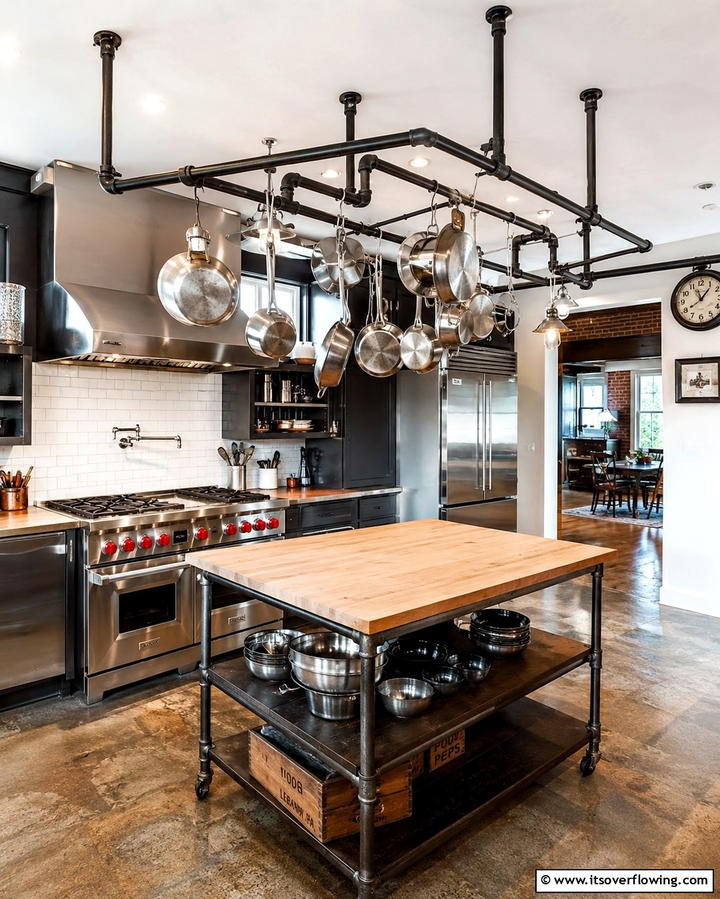 Industrial Pipe Racks for Versatility - 25 Industrial Kitchen Ideas for a Modern Look