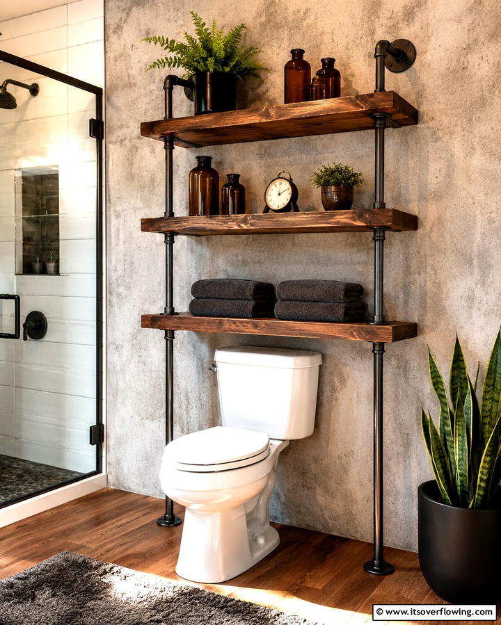 Industrial Pipe Shelves - 25 Over Toilet Storage Ideas for Small Bathrooms
