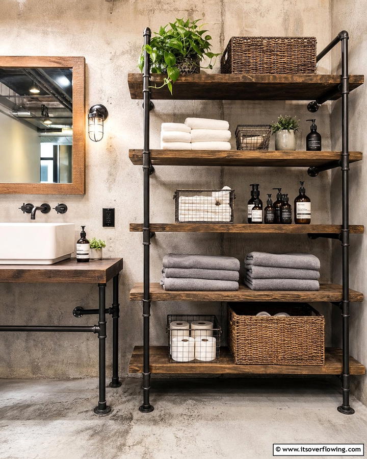 Industrial Pipe Shelving - 25 Bathroom Shelf Ideas for Organized and Stylish Storage