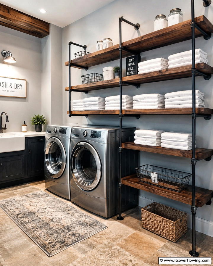 Industrial Pipe Shelving - 30 Rustic Laundry Room Ideas for Functional Farmhouse Style