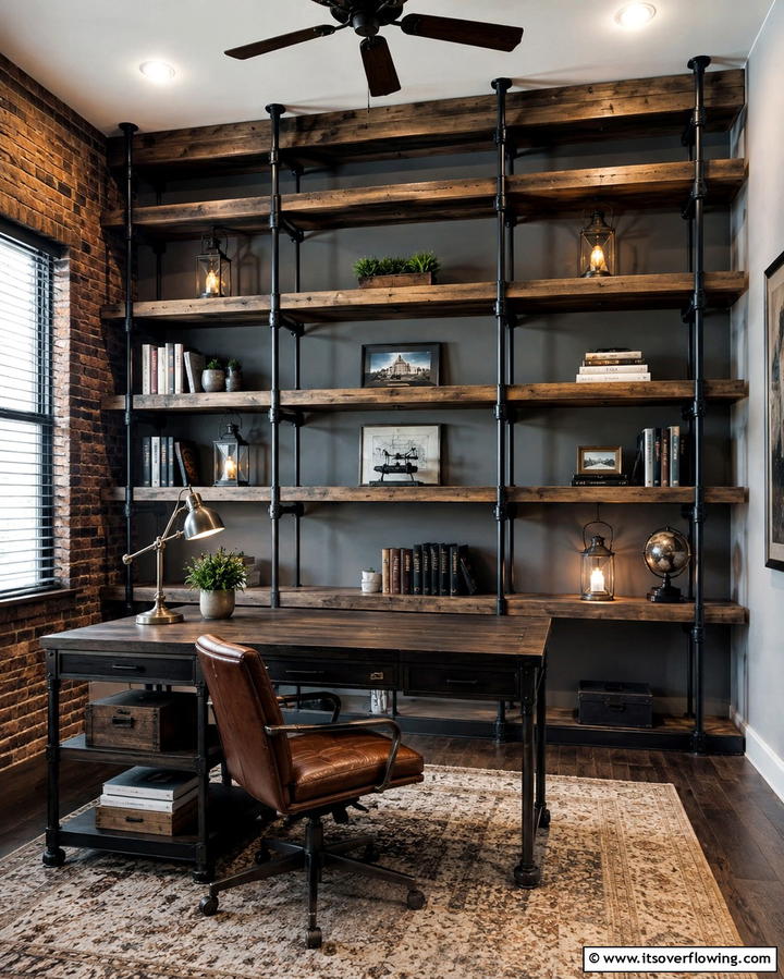 Industrial Pipe Shelving - 30 Rustic Home Office Ideas for a Cozy Workspace