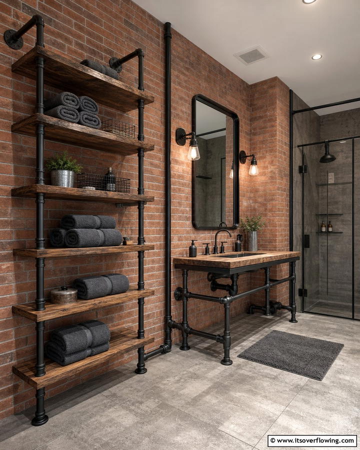 Industrial Pipe Shelving - 25 Man Cave Bathroom Ideas for a Unique Space