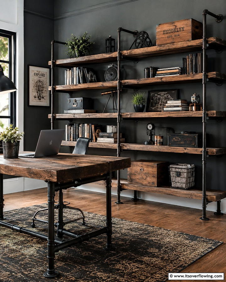 Industrial Pipe Shelving - 25 Office Wall Decor Ideas to Inspire Creativity