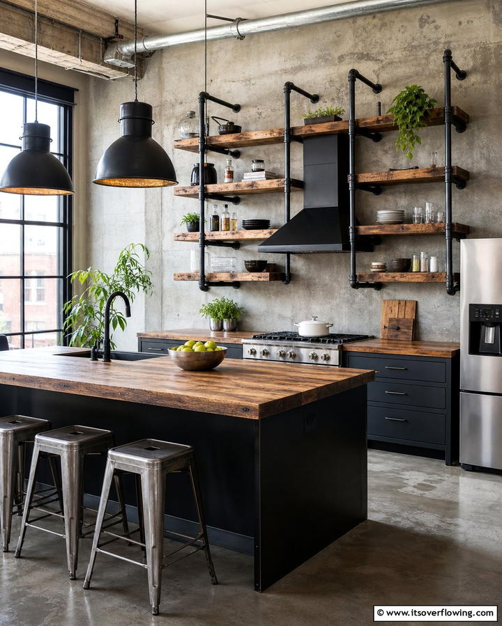Industrial Pipe Shelving - 25 Open Shelving Kitchen Ideas for a Modern Look
