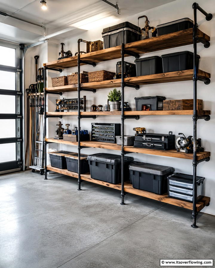Industrial Pipe ShelvingExact - 25 Rustic Garage Ideas for a Cozy and Functional Space