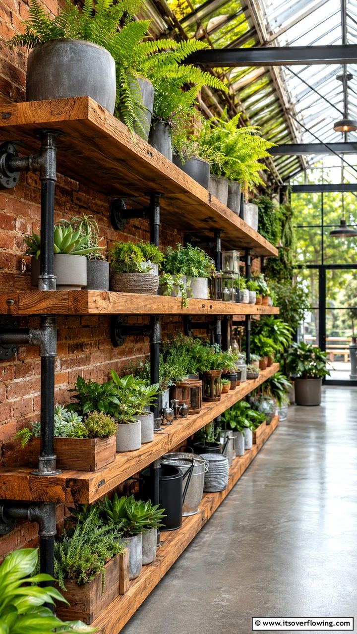 Industrial Pipe and Wood Shelves - 30 Greenhouse Shelving Ideas- Organized Plant Storage