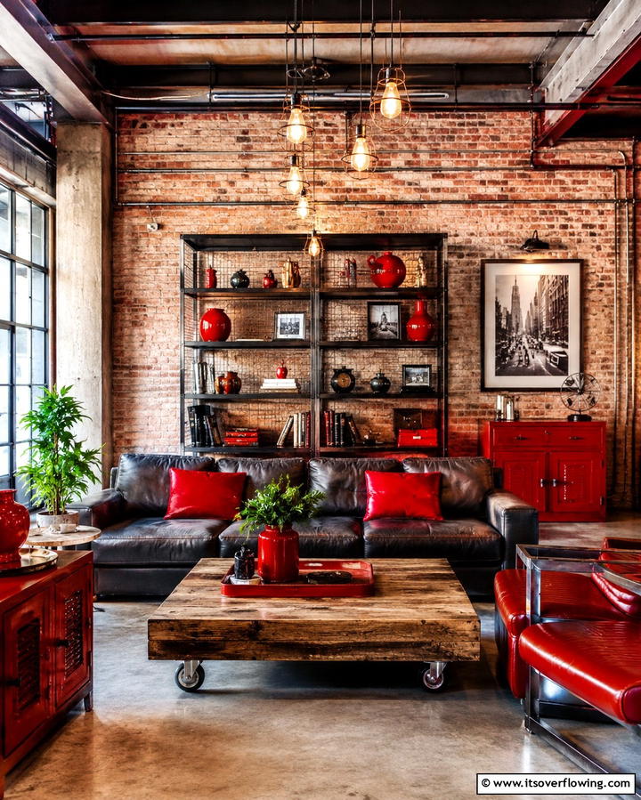 Industrial Red Decor Accents - 30 Red Living Room Ideas for Bold and Vibrant Spaces
