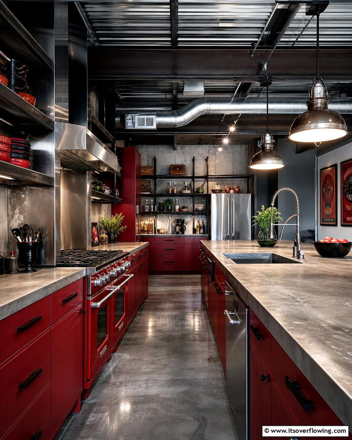 Industrial Red and Metal Theme - 17 Red Kitchen Design Ideas for Bold Contemporary Spaces