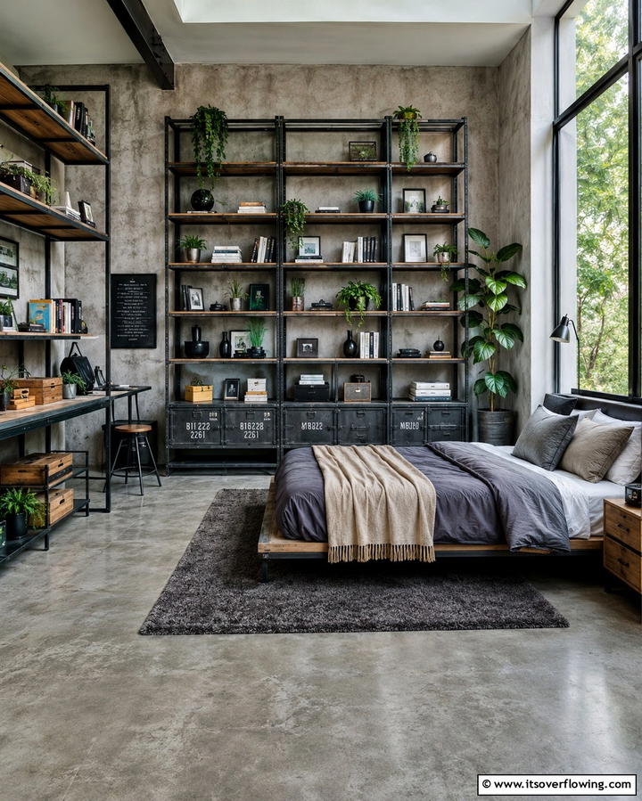 Industrial Shelving Units - 25 Industrial Bedroom Ideas- Urban & Stylish Designs