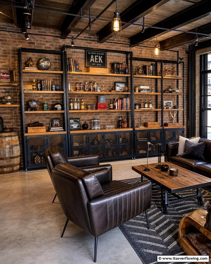 Industrial Shelving for a Rugged Appeal - 20 Black Man Cave Ideas for a Masculine Retreat