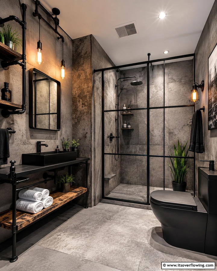 Industrial Style Black Bathroom - 25 Black Bathroom Ideas to Elevate Your Space
