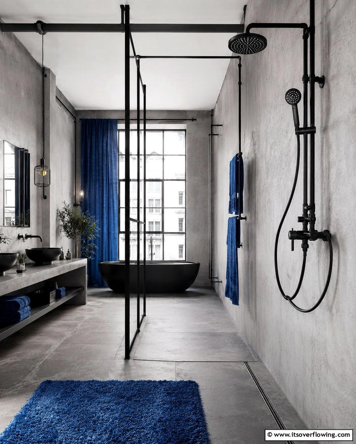 Industrial Style Black Fixtures Paired with Blue Accents - 30 Striking Black and Blue Bathroom Ideas for Dramatic Flair