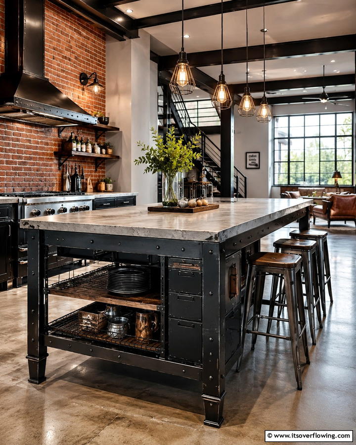 Industrial Style Black Island with Metal Details - 25 Sleek Black Kitchen Island Ideas for a Modern Kitchen