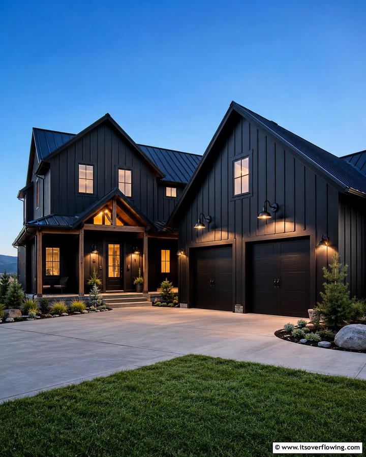 Industrial Style Black Light Fixtures - 25 Black Modern Farmhouse Exterior Design Ideas
