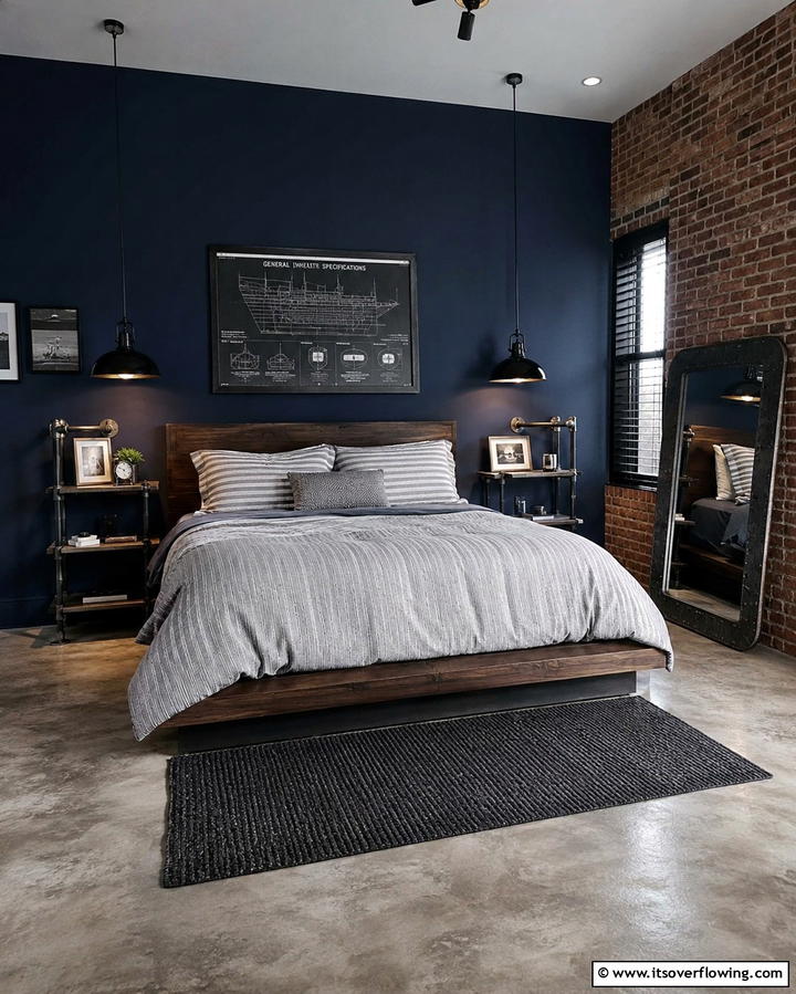 Industrial Style Dark Blue Bedroom - 25 Dark Blue Bedroom Ideas for Cozy Nights