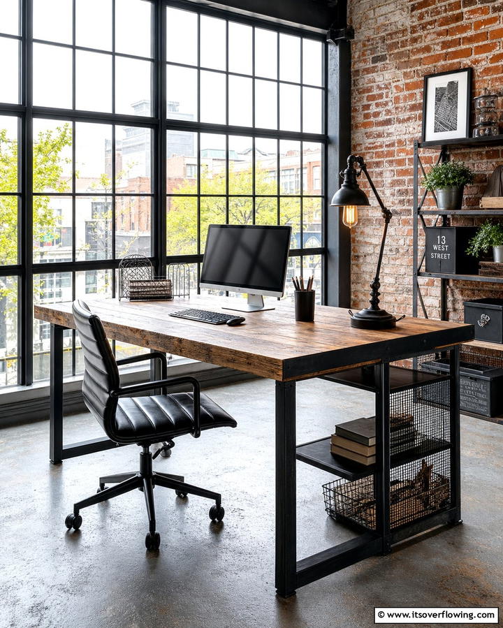 Industrial Style Desk with Metal Accents - 25 Desk in Front of Window Ideas for a Bright Workspace