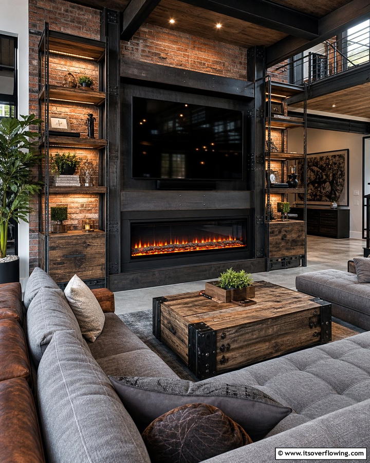 Industrial Style Electric Fireplace with TV Accent - 30 Electric Fireplace Ideas With TV Above for Cozy Spaces
