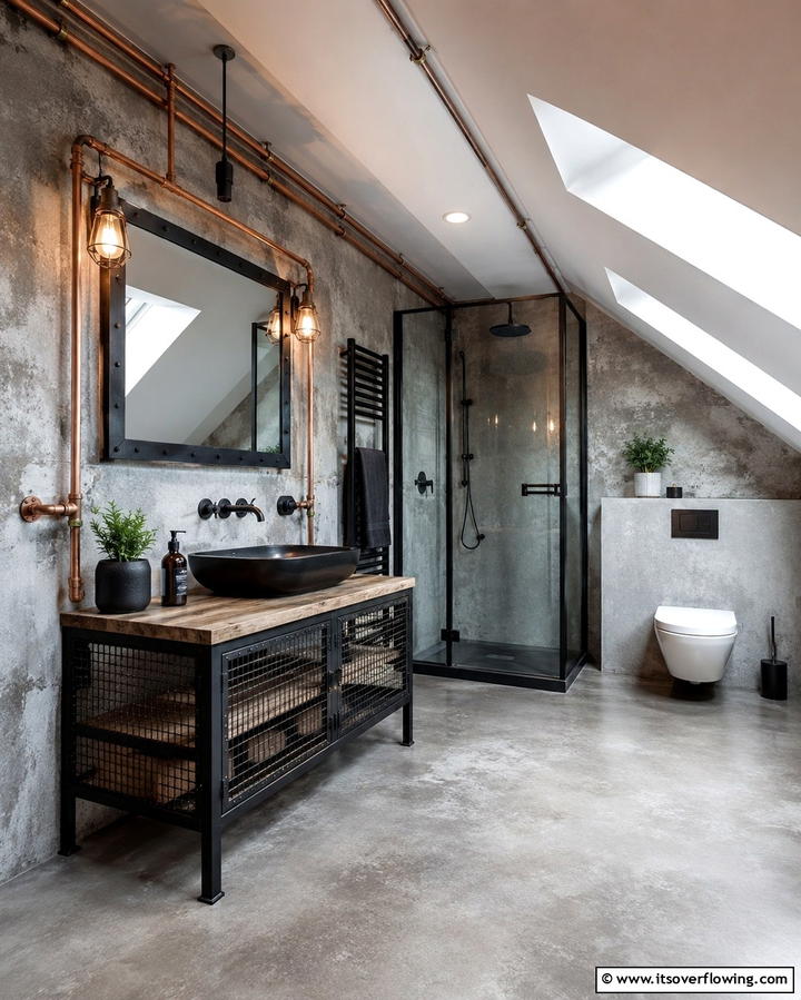 Industrial Style Elements - 30 Attic Bathroom Ideas for Space-Saving Luxury