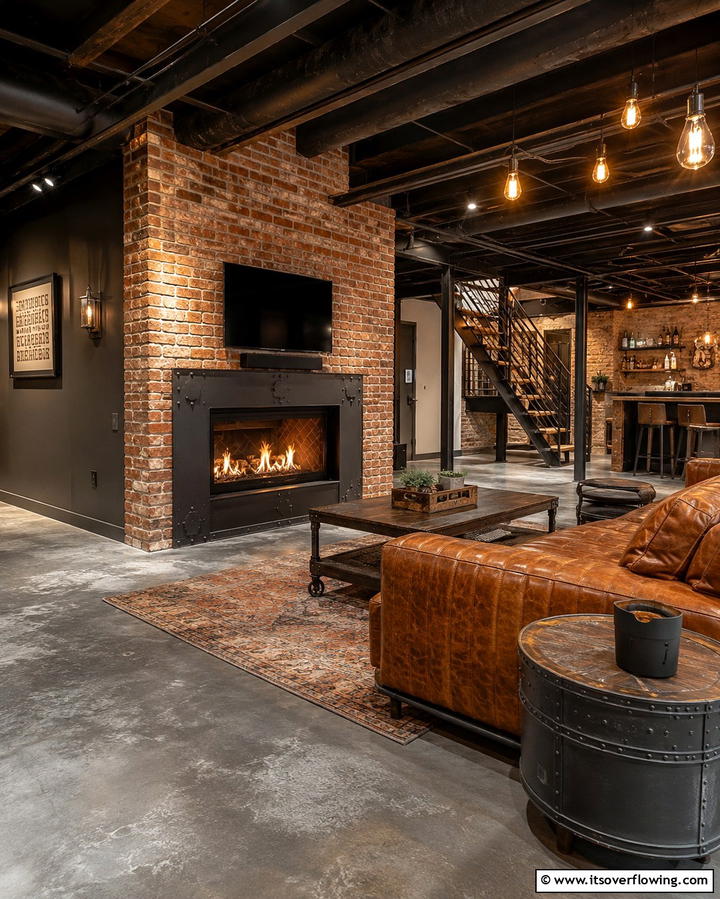 Industrial Style FireplaceOne - 25 Cozy Basement Fireplace Ideas for Warm Gatherings