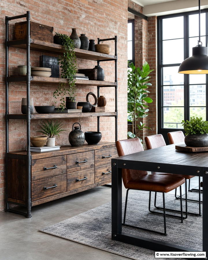 Industrial Style Hutch with Metal Accents - 20 Dining Room Hutch Ideas for Storage and Style