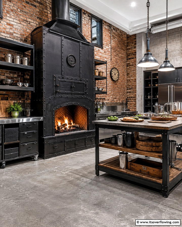 Industrial Style Kitchen with a Metal Fireplace - 25 Kitchens With Fireplaces for a Unique Cooking Space