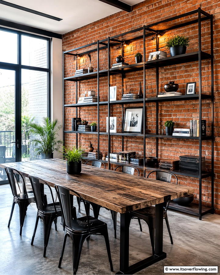 Industrial Style Metal Shelving - 25 Library Dining Room Combo Ideas for Book Lovers