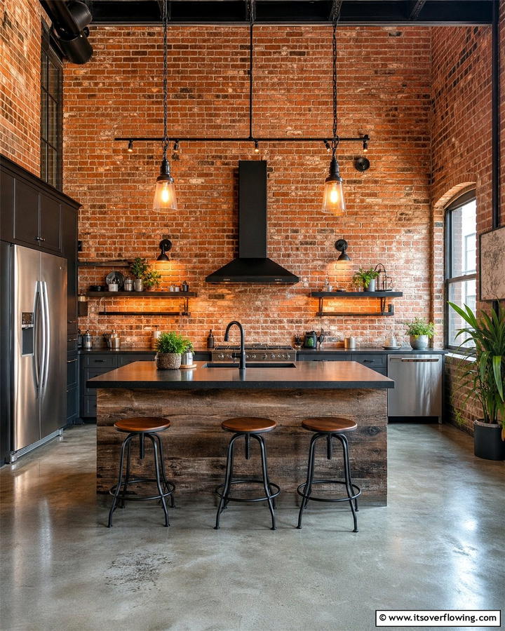Industrial Style Red Brick Walls - 20 Red Brick Kitchen Ideas for a Rustic Charm